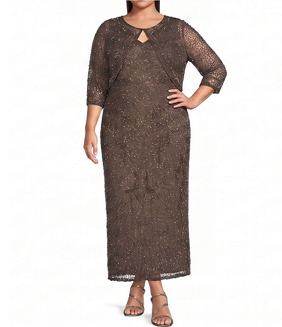 Pisarro Nights Plus Size All Over Beaded Mesh Jacket Dress