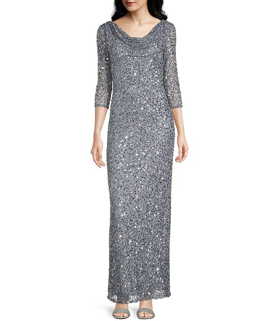 Color:Sky Blue - Image 1 - Sequin 3/4 Sleeve Cowl Neck Gown