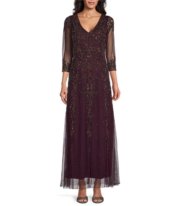 Pisarro Nights V Neck 3 4 Sleeve Long Beaded Mesh Gown