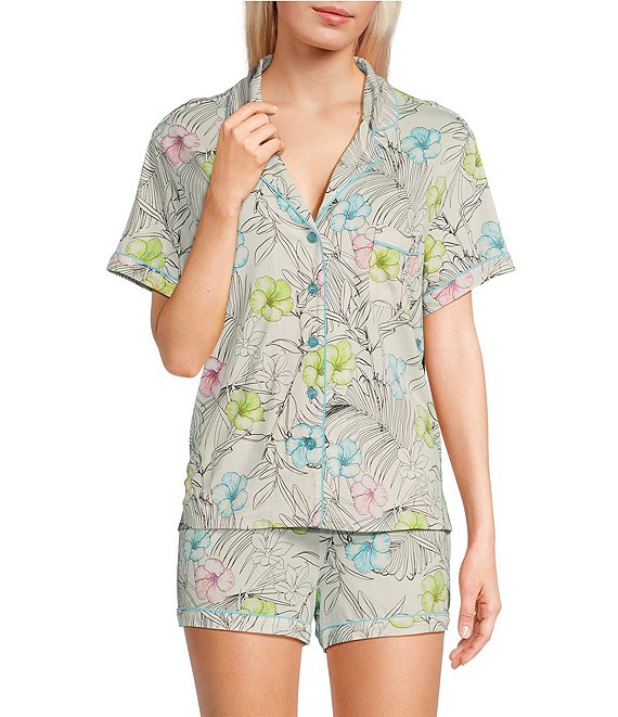 Color:White - Image 1 - Floral Print Short Sleeve Notch Collar Shorty Jersey Knit Coordinating Pajama Set