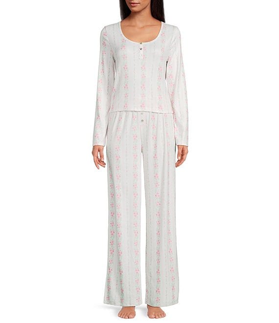 PJ Salvage Long Sleeve Scoop Neck Double Brushed Pointelle Floral Stripe Long Pajama Set