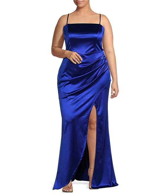 Plus Size Square Neck Pleated Wrap Front Slit Gown