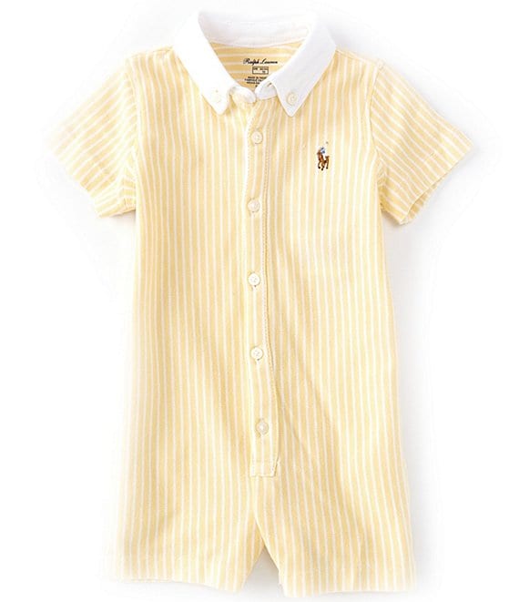 Color:Yellow - Image 1 - Ralph Lauren Baby Boys 3-24 Months Short Sleeve Vertical Stripe Knit Oxford Shortall