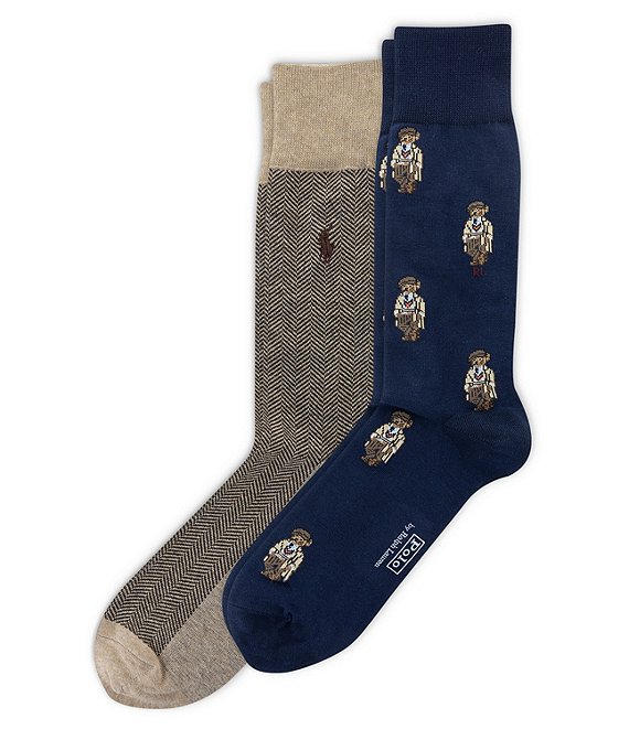 Polo Ralph Lauren Big & Tall Mini Bear Patterned Dress Socks 2-Pack, Navy - Image 1