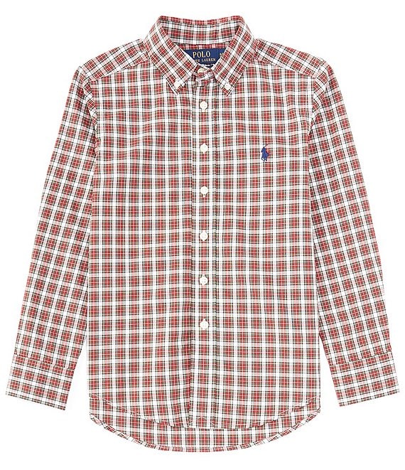 Color:Red/Cream Multi - Image 1 - Big Boys 8-20 Long Sleeve Plaid Poplin Shirt
