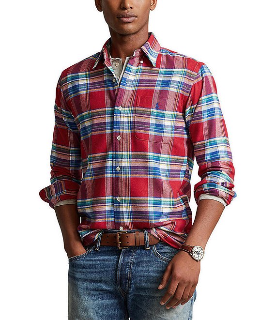 Color:Red/Blue Multi - Image 1 - Brushed Performance Stretch Flannel Long-Sleeve Woven Shirt