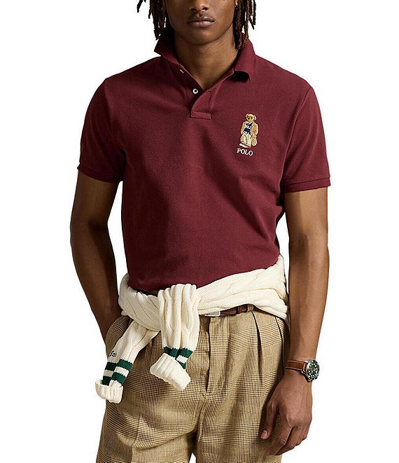 Polo Ralph Lauren Custom Slim Fit Heritage Bear Mesh Short Sleeve Polo Shirt, Red Wine - Image 1