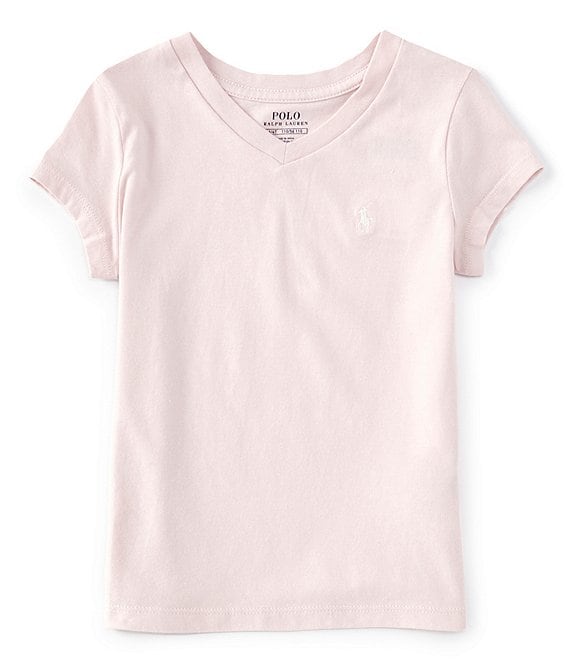 Color:Pink - Image 1 - Essential Little Girls 2T-6X Short-Sleeve V-Neck Logo Tee