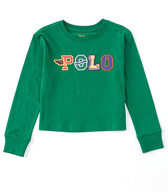Color:Athletic Green - Image 1 - Little Girls 2T-6X Logo Long-Sleeve Boxy Tee