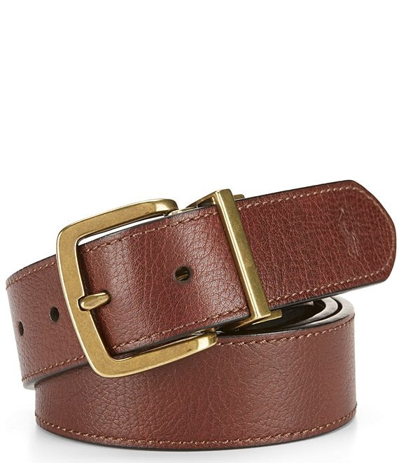 Color:Brown/Black - Image 1 - Reversible Gold Metal Buckle Leather Belt