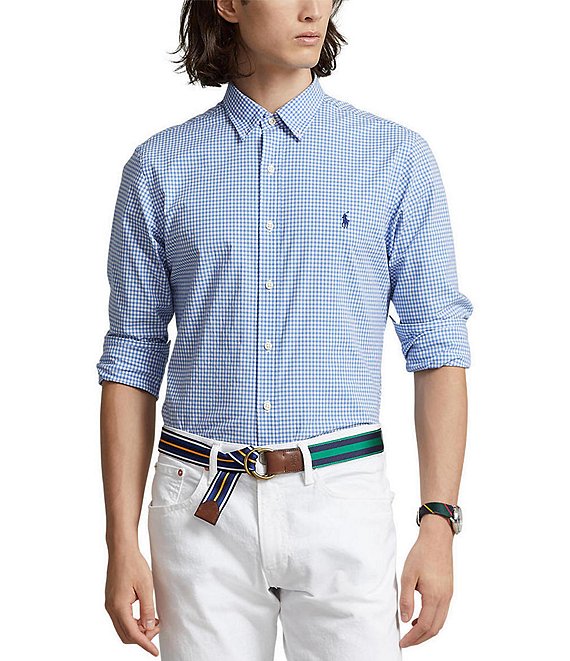 Color:Blue/White - Image 1 - Slim-Fit Poplin Check Stretch Long-Sleeve Woven Shirt
