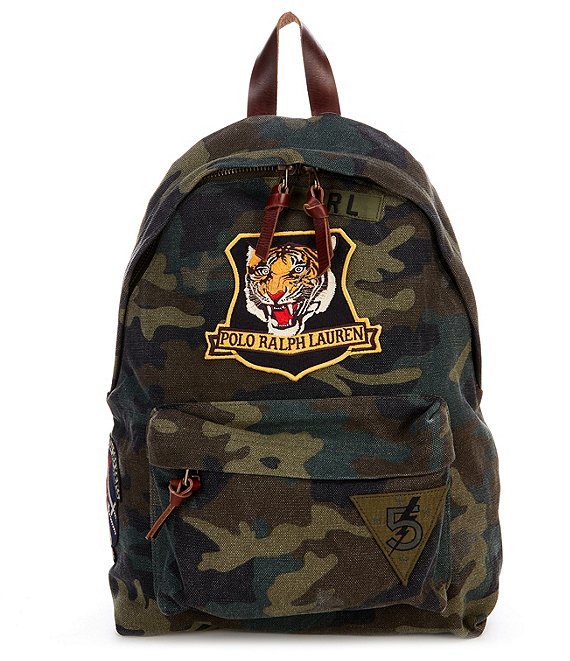 Polo Ralph Lauren Tiger Patch Camo Canvas Backpack Green Casual Travel Bag  $278