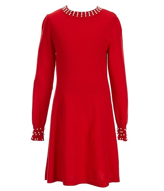 Color:Red/Ivory - Image 1 - Poppies And Roses Big Girls 7-16 Pearl Trimmed Long Sleeve Skater Dress