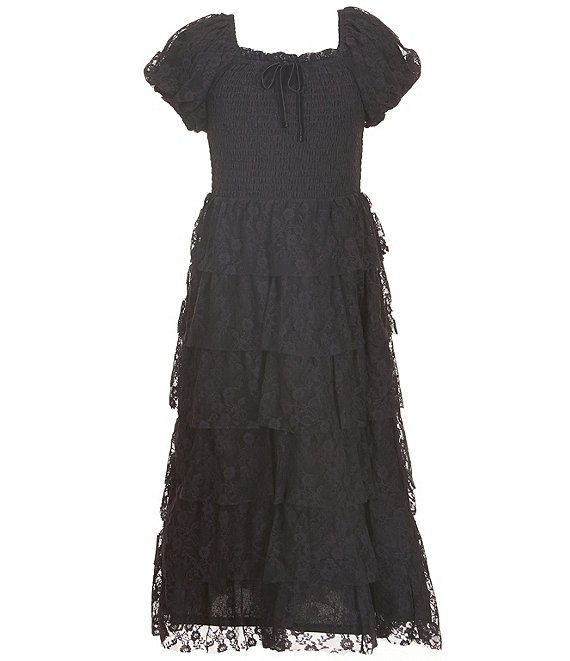 Poppies and Roses Big Girls Short-Sleeve Patterned-Sheer-Overlay Midi Dress, Black - Image 1
