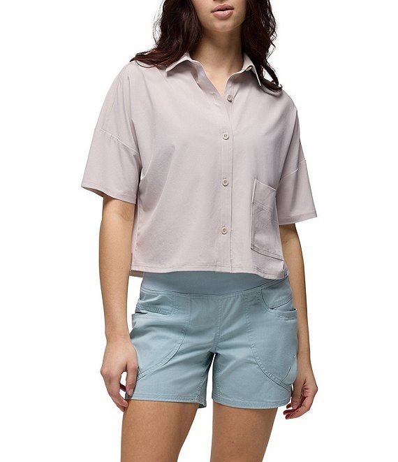 prAna Railay Camp Short Sleeve Solid Button Front Crop Top
