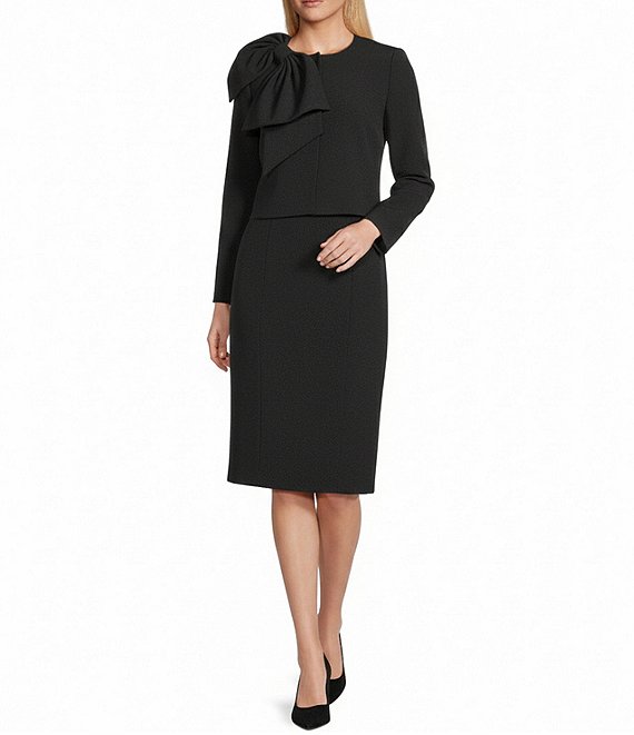 Preston & York Crepe Oversized Bow Front Crew Neck Long Sleeve Snap Front Jacket & Crepe Crew Neck Midi Dress