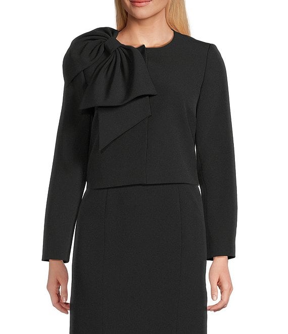 black bow collar long sleeve blazer sheath midi dress Preston & York Crepe Oversized Bow Front Crew Neck Long Sleeve Snap Front  Jacket & Crepe Crew Neck Midi Dress