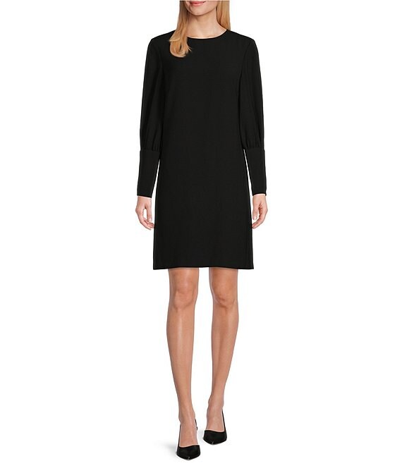 Color:Black - Image 1 - Cicely Satin Crepe Long Sleeve Jewel Neck Dress