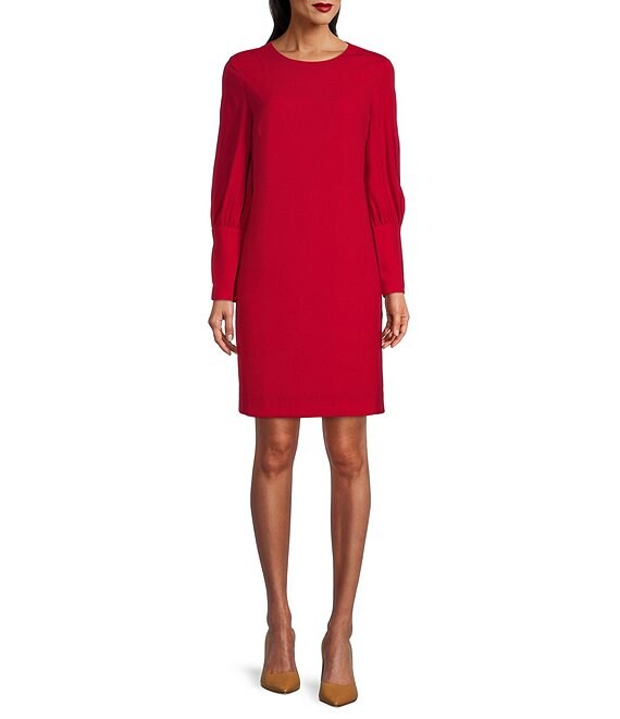 Color:Cherry - Image 1 - Cicely Satin Crepe Long Sleeve Jewel Neck Shift Dress