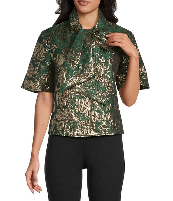Preston & York Coordinating Celeste Tie Neck Short Sleeve Metallic Jacquard Blouse, Hunter/Gold - Image 1