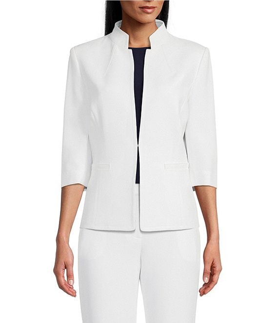 Color:White - Image 1 - Elsa Stretch Crepe 3/4 Sleeve Mandarin Collar Blazer