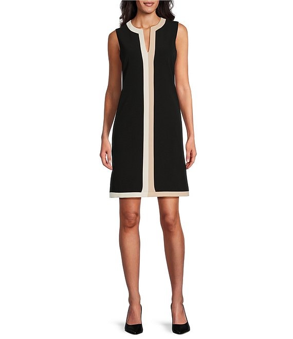 Color:Black - Image 1 - Fallon Color Block Split V-Neck Sleeveless Pocketed Shift Dress