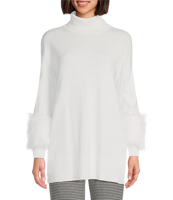 Color:White - Image 1 - Faux Fur Cuff Maxine Turtleneck Sweater