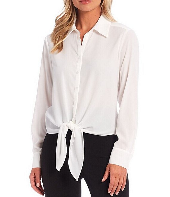 Color:White - Image 1 - Kinsley Tie Front Hem Button Front Collared Long Sleeve Shirt