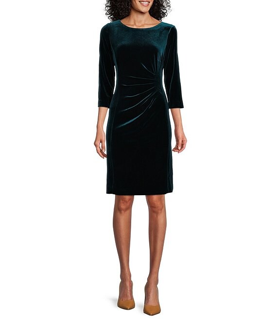 Color:Pine - Image 1 - Roselle Stretch Velvet Long Sleeve Dress