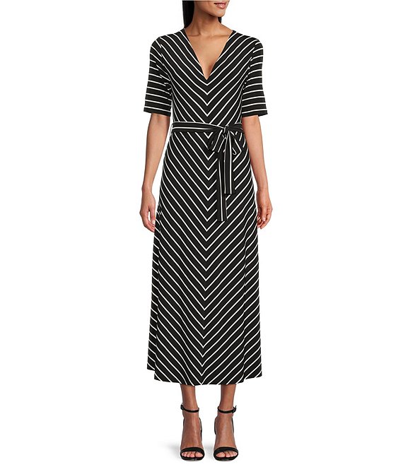 Color:Black/Ivory - Image 1 - Sydney V-Neck 3/4 Sleeve Tie Waist Striped Dress