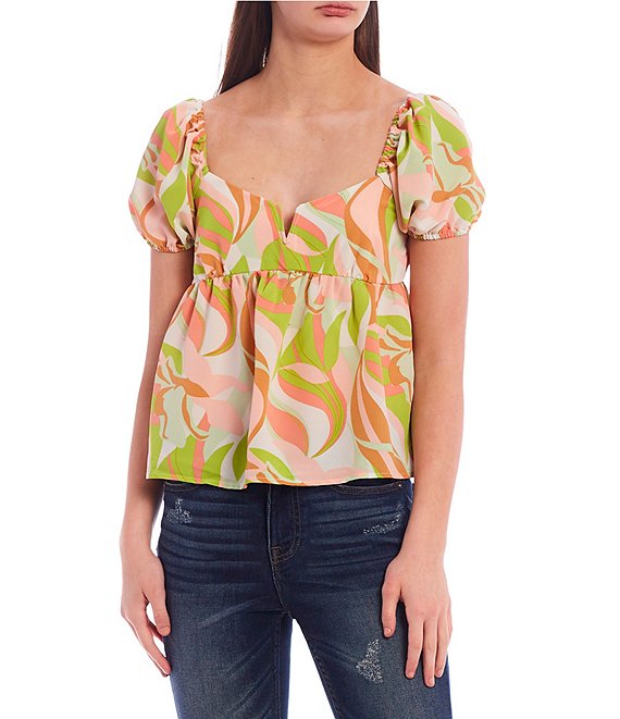 Color:Chartreuse/Coral - Image 1 - Printed Short Puff Sleeve Pull-On Top