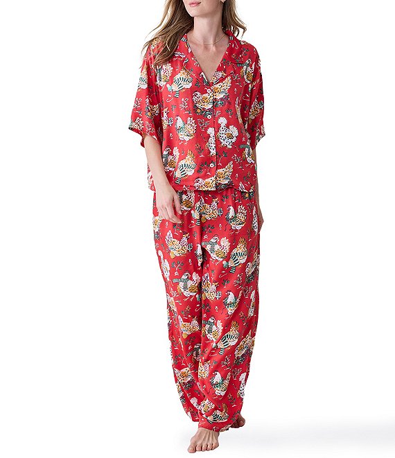 Printfresh Holiday Hens Print 3/4 Sleeve Notch Collar Eco Satin Long Pajama Set