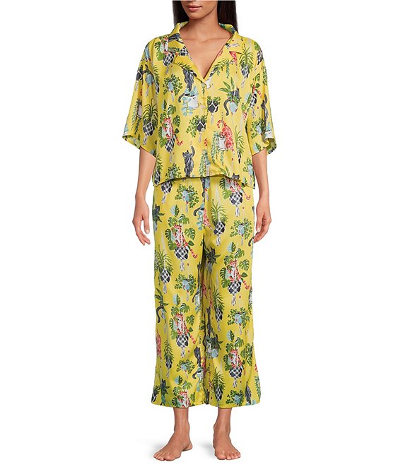 Printfresh Mischievous Cats Woven Sateen Thermoregulating Short Sleeve Notch Collar Long Coordinating Pajama Set