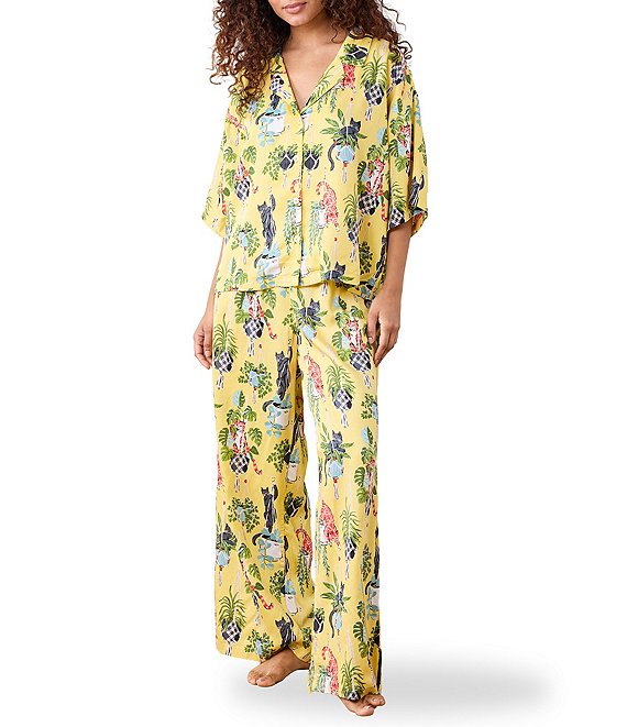 Printfresh Mischievous Cats Woven Sateen Thermoregulating Short Sleeve Notch Collar Long Coordinating Pajama Set