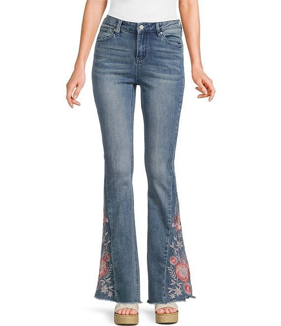Prosperity Denim Rose Embroidered Flared Jeans, Blue - Image 1