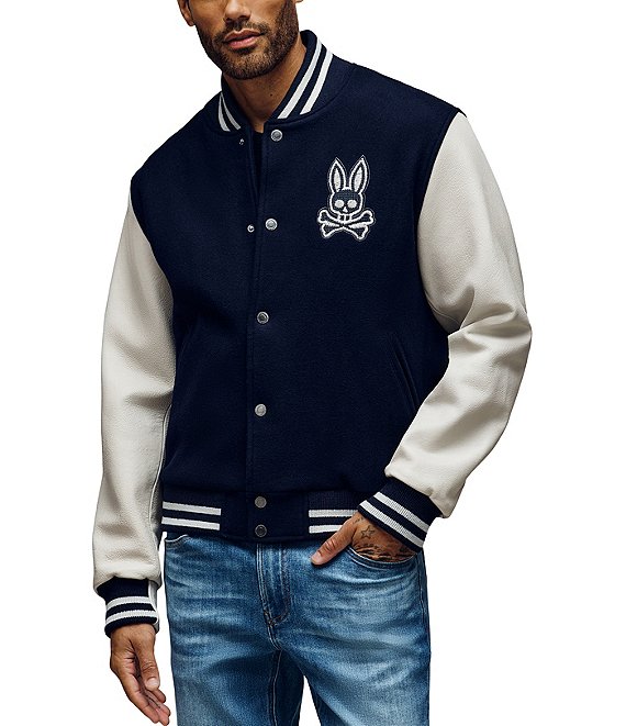 Psycho Bunny Jacob Varsity Leather Bomber Jacket, Navy - Image 1