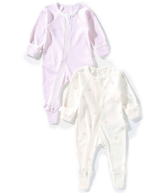 Purebaby Baby Long Sleeve Organic Cotton Zip Footie Growsuit Pack of 2, Pale Pink Bear - Image 1