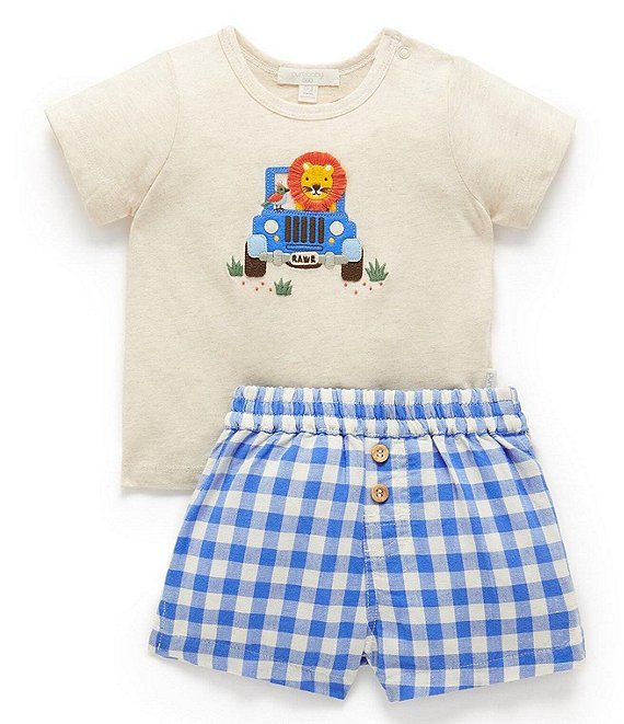 PureBaby®Baby Boys Newborn-24 Months Short Sleeve Animal-Applique Knit  T-Shirt & Gingham-Checked Linen-Blend Shorts Set