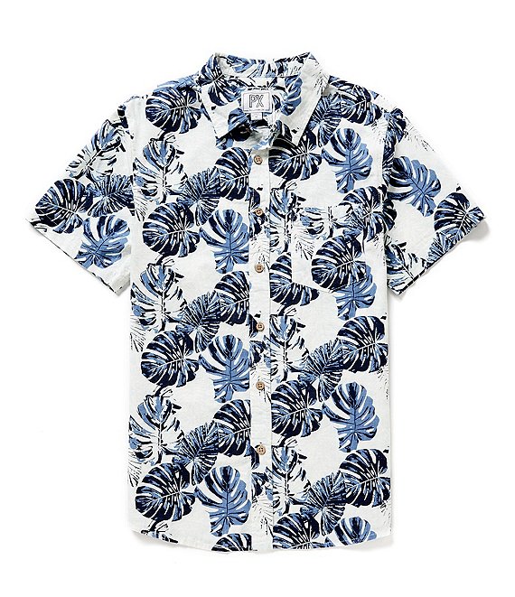 PX Clothing Short Sleeve Palm Print Slub-Yarn Shirt