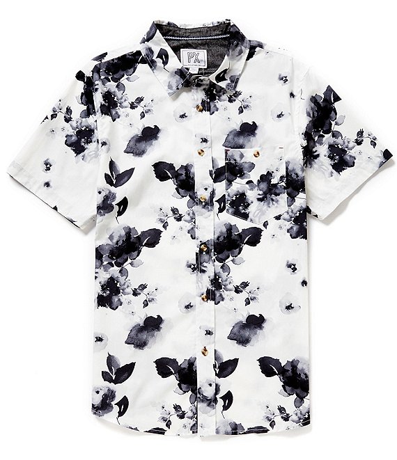 PX Clothing Short-Sleeve Watercolor-Floral-Printed Peached Poplin Shirt