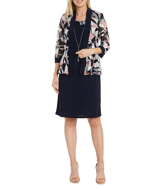 R & M Richards 3/4 Sleeve Crew Neck Printed 2-Piece Jacket Dress ...