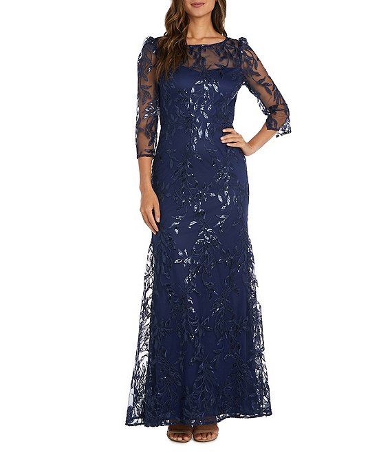 R & M Richards 3/4 Sleeve Illusion Neck Embellished Sequin Gown | Dillard's