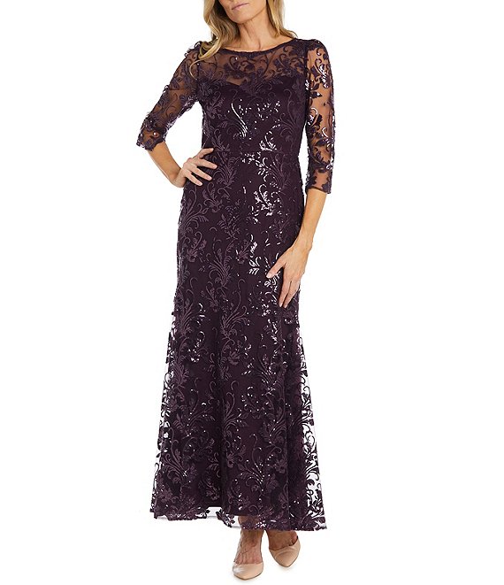 R & M Richards 3/4 Sleeve Round Illusion Neck Sequin Embellished Gown ...