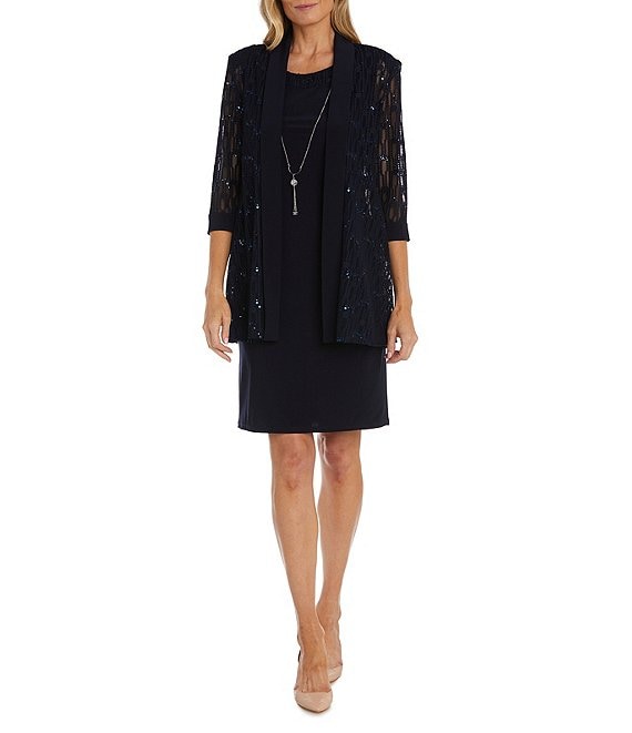 R & M Richards 3/4 Sleeve Round Neck Sequin 2-Piece Jacket Dress ...