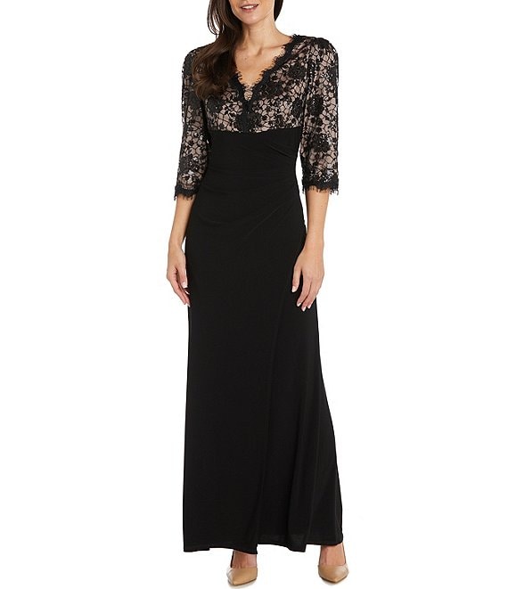 Color:Black/Nude - Image 1 - 3/4 Sleeve V-Neck Lace Bodice Empire Waist Gown