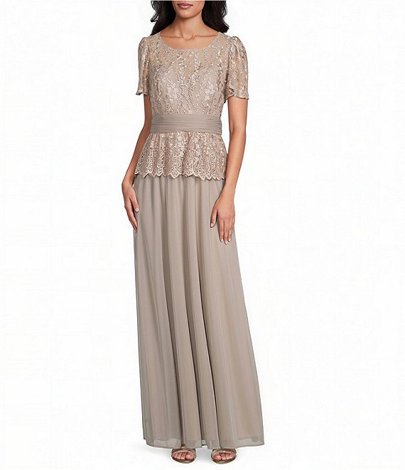R & M Richards Embroidered Sequin Lace Peplum Chiffon Skirt Gown
