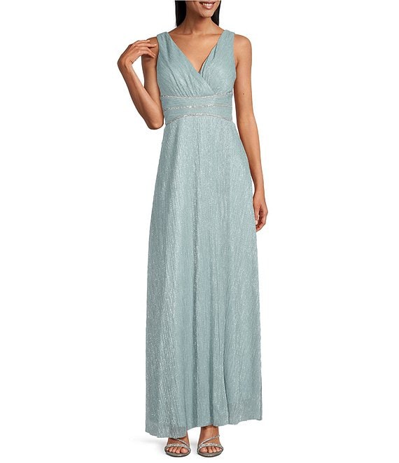 R & M Richards Festival Crinkle Sleeveless V-Neck Rhinestone Waist Long ...