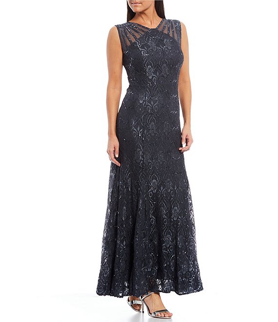 Color:Charcoal - Image 1 - Illusion Shoulder High V-Neck Sleeveless Lace Sheath Gown