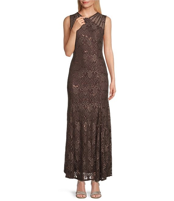 Color:fig - Image 1 - Illusion Shoulder High V-Neck Sleeveless Lace Sheath Gown