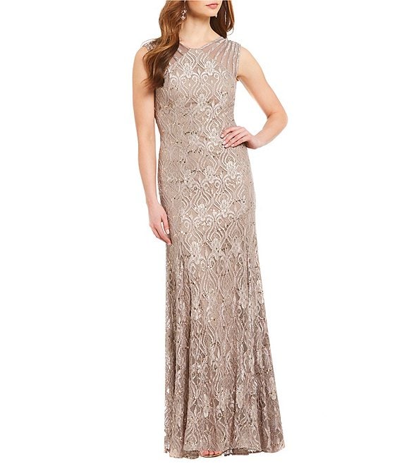 R & M Richards tan ombre lace sheath offers gown